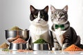 Sophisticated Palate: Domestic Feline Sitting Beside an Assortment of Gourmet Cat Food in Silver Bowls