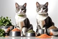 Sophisticated Palate: Domestic Feline Sitting Beside an Assortment of Gourmet Cat Food in Silver Bowls