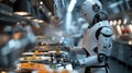 Sophisticated Robot Plating Fine Dining Cuisine. In a modern culinary setting, a sophisticated robot with a high level of