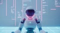 A sophisticated robot sits against a digital interface backdrop, symbolizing cutting-edge artificial intelligence