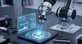 Advanced robotic arm precision assembly of microchip with futuristic holographic data display in modern technology lab Royalty Free Stock Photo
