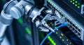 Robotic arm precisely connects a blue ethernet cable into a functioning network switch rack Royalty Free Stock Photo