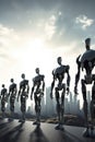 Sophisticated robots stand are arranged in a row, backdrop of a glittering city. Generative AI