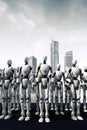 Sophisticated robots stand are arranged in a row, backdrop of a glittering city. Generative AI