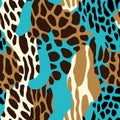 Sophisticated seamless leopard pattern with sandy hues and turquoise highlights, suitable for elegant interior designs