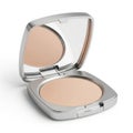 Elegant silver compact powder makeup case with reflected shade colors isolated on white background Royalty Free Stock Photo