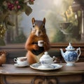 A sophisticated squirrel in a Victorian-era dress, enjoying afternoon tea5