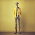 Sophisticated Surrealism: Man In Giraffe Outfit Standing In Front Of Yellow Wall