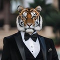 A sophisticated tiger in a tuxedo, posing for a portrait with a commanding yet graceful presence2