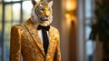 sophisticated tiger in a velvet smoking jacket, adorned with gold embroidery