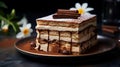 A sophisticated tiramisu cake with layers of coffee-soaked ladyfingers