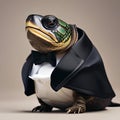 A sophisticated turtle in a tuxedo, posing for a portrait with a slow, deliberate pose2