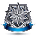 Sophisticated vector emblem with silver glossy star and blue wavy ribbon, 3d decorative shield design element, clear EPS 8.