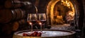 Sophisticated wine cellar with an array of meticulously arranged wine bottles and elegant glasses