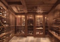 A sophisticated wine cellar with wooden racks, ambient lighting, and a tasting area,