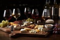 A sophisticated wine tasting experience, featuring an assortment of fine red and white wines, with elegant wine glasses, a