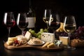 A sophisticated wine tasting experience, featuring an assortment of fine red and white wines, with elegant wine glasses, a