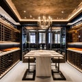 A sophisticated wine tasting room with a glass-enclosed wine cellar, a tasting bar, and elegant seating for guests2, Generative