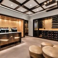 A sophisticated wine tasting room with a glass-enclosed wine cellar, a tasting bar, and elegant seating for guests1, Generative