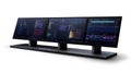 A sophisticated workstation featuring a triple monitor setup, showcasing software analysis and data