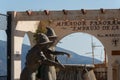 SOPORTUJAR, SPAIN - 16 MAY 2022 Fuente de las Brujas, statue of two witches in Soportujar a village of Alpujarra Granadina, Spain