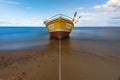 Alone yellow red and white boat hooked by rope and standing at coast of the beach at windy day