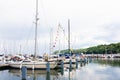 Sopot/Poland - 2020: Yacht parking in harbor, harbor yacht club.  Boats moored in bay in rainy weather. Royalty Free Stock Photo