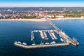 Sopot resort in Poland with pier, marina yachts, ship and beach