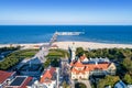 Sopot resort in Poland with SPA, pier, beach and old lighthouse, Aerial view