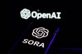 Sora OpenAi new text to video AI model. Sora and Openai logo on screen.