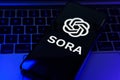 Sora OpenAi new text to video AI model. Sora and Openai logo on screen.