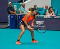 Sorana Cirstea of Romania in action during quarter-final match against Aryna Sabalenka of Belarus at 2023 Miami Open