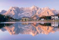 Sorapis Peak reflected in Misurina Lake, in late autumn Royalty Free Stock Photo