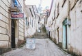 Urban scene with colonial style houses, cobbled street and shops in Sorata, Bolivia Royalty Free Stock Photo