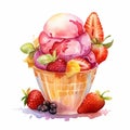 Sorbet Watercolor Clipart: Hyperrealistic Illustration Of Ice Cream Cone With Strawberries