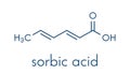 Sorbic acid food preservative molecule. Sorbate sodium, potassium, calcium also used for same purpose. Skeletal formula. Royalty Free Stock Photo