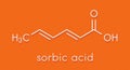 Sorbic acid food preservative molecule. Sorbate sodium, potassium, calcium also used for same purpose. Skeletal formula. Royalty Free Stock Photo