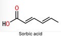 Sorbic acid, 2,4-hexadienoic acid, E200 molecule. It is hexadienoic and polyunsaturated fatty acid. It is conjugate acid of sorbat Royalty Free Stock Photo