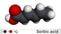 Sorbic acid, 2,4-hexadienoic acid, E200 molecule. It is hexadienoic and polyunsaturated fatty acid. It is conjugate acid of Royalty Free Stock Photo