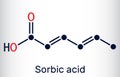 Sorbic acid, 2,4-hexadienoic acid, E200 molecule. It is hexadienoic and polyunsaturated fatty acid. It is conjugate acid of Royalty Free Stock Photo