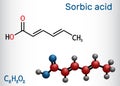 Sorbic acid, 2,4-hexadienoic acid, E200 molecule. It is hexadienoic and polyunsaturated fatty acid. It is conjugate acid of Royalty Free Stock Photo