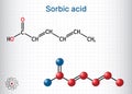 Sorbic acid, 2,4-hexadienoic acid, E200 molecule. It is hexadienoic and polyunsaturated fatty acid. It is conjugate acid of Royalty Free Stock Photo