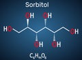 Sorbitol, glucitol molecule. It is polyhydric alcohol with a sweet taste. Structural chemical formula on the dark blue background Royalty Free Stock Photo