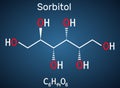 Sorbitol, glucitol molecule. It is polyhydric alcohol with a sweet taste. Structural chemical formula on the dark blue background