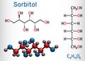 Sorbitol, glucitol molecule. It is polyhydric alcohol with a sweet taste. Structural chemical formula and molecule model