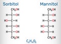 Sorbitol and mannitol molecule, are isomers, are two types of sugar alcohols used as sweeteners. Structural chemical formula and