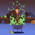 Sorcerer casting a spell, vector illustration. Evil wizard cartoon character, cauldron with boiling potion, medieval