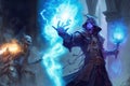 Sorcerer magic battle casting spell against demon