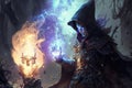 Sorcerer magic battle casting spell against demon