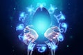 Sorcerer, magician and 12 signs of the zodiac, hologram neon horoscope signs on a blue background. with the concept of fate,